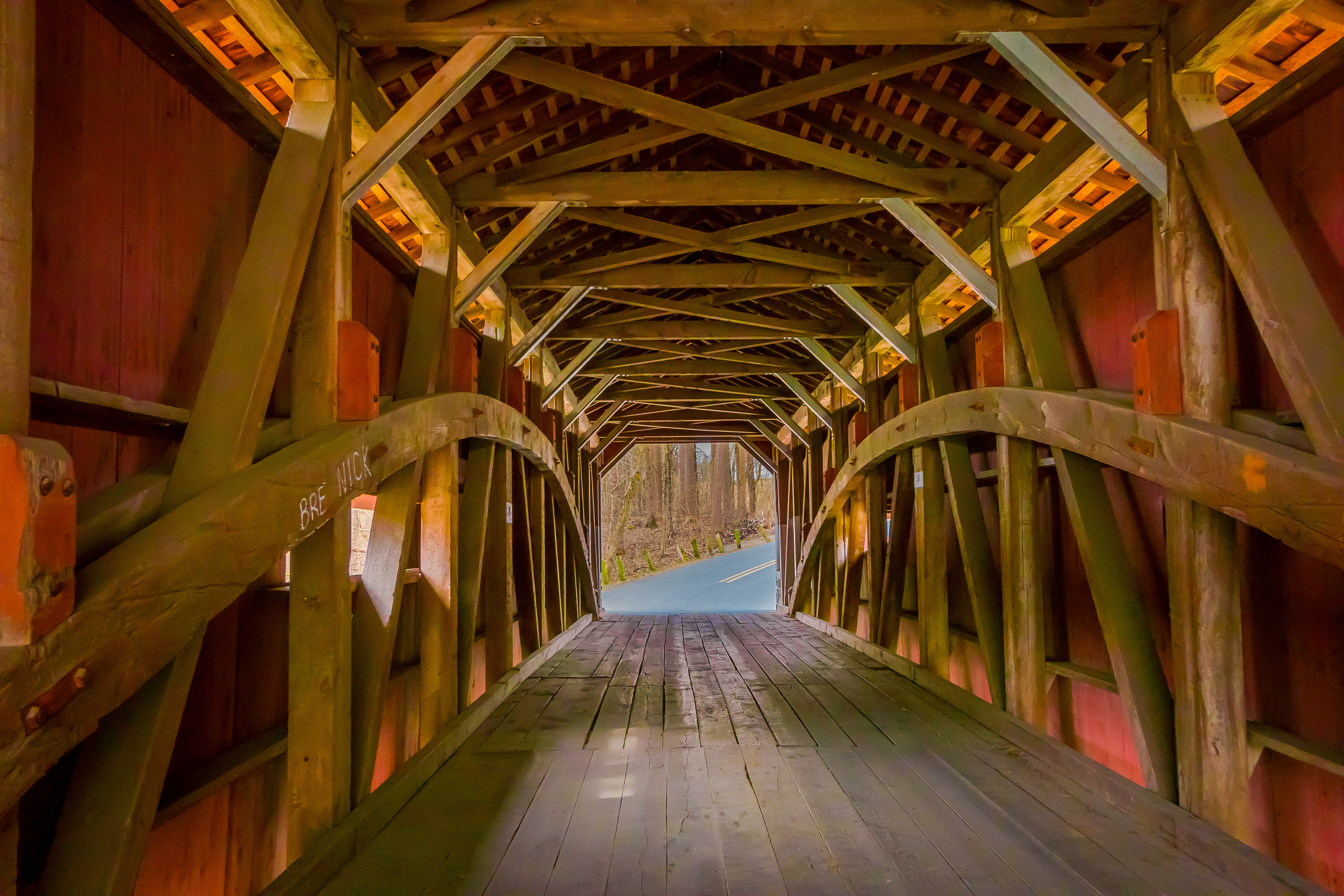 The timber framework inside a Lancaster County covered bridge